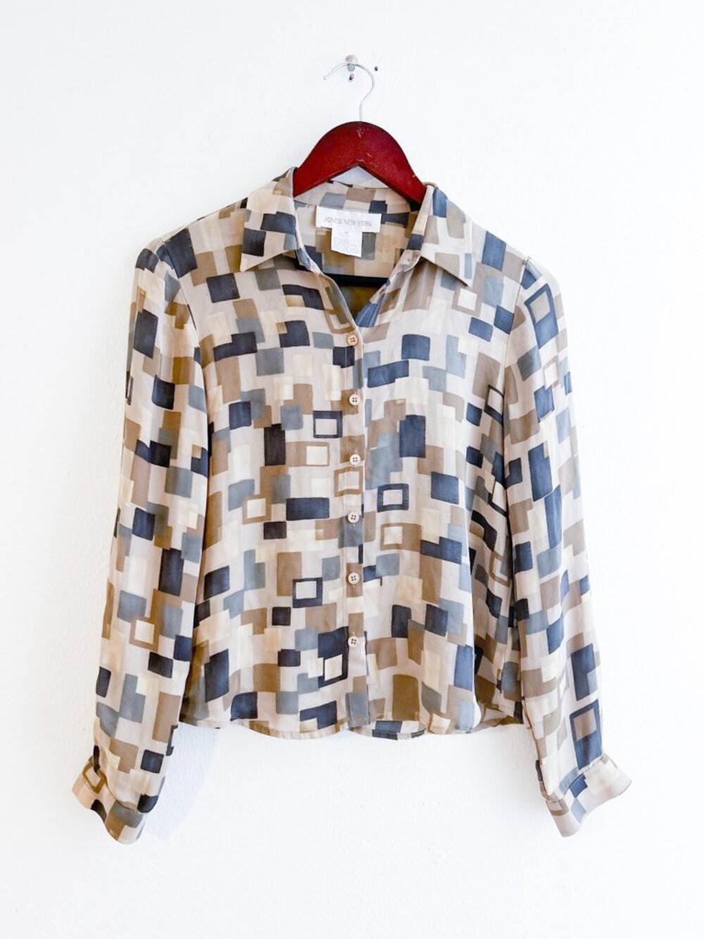 VINTAGE 90s 100% Silk Geometric Print Pointed collar Button Down Shirt SZ 4